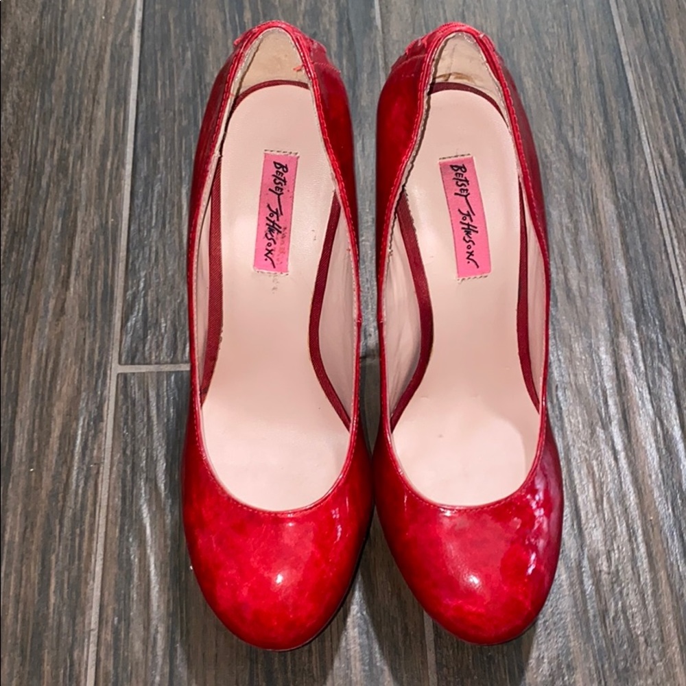 Betsey Johnson Red Patent Round-Toe Pumps